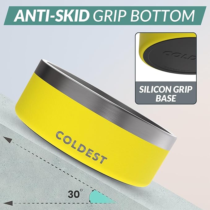 Coldest Dog Bowl - Anti Rust Metal, Non Slip, 3 Layers Insulated Stainless Steel Dog Bowls - Spill Proof & Heavy Duty - Water Bowl for Dogs, Cats & Pets, Dish Washer Safe (64 oz, Solar Yellow)-PawvioPets