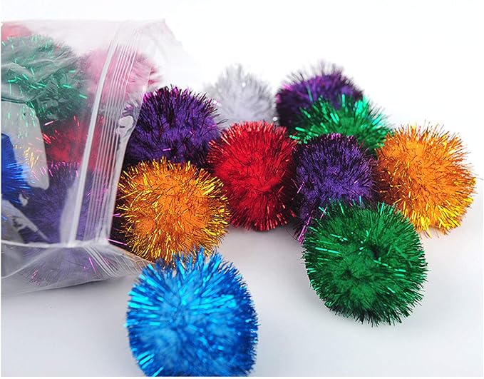 20 Pack 2 Inches Sparkle Balls for Cats, Large Size, Glitter Pom Poms Fuzzy Balls for Cats, Kitten Indoor Assorted Color Random-PawvioPets