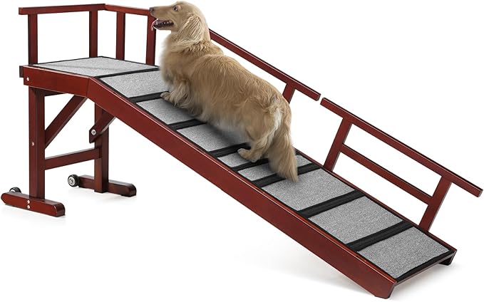 Dog Ramp for Bed or Couch, Wooden Pet Ramp with 20° Gentle Slope, Removable Side Rails, Non-Slip Surface, Top Platform & Wheels, Safe Bed Ramp for Small, Medium & Senior Dogs, 60" Long, Mahogany-PawvioPets