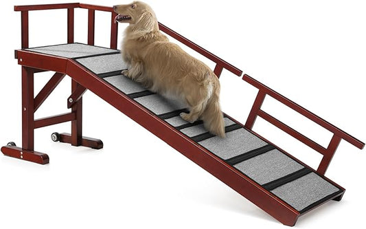 Dog Ramp for Bed or Couch, Wooden Pet Ramp with 20° Gentle Slope, Removable Side Rails, Non-Slip Surface, Top Platform & Wheels, Safe Bed Ramp for Small, Medium & Senior Dogs, 60" Long, Mahogany-PawvioPets