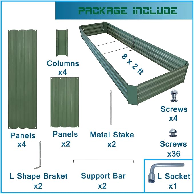 8x2x1ft Metal Raised Garden Bed Kit，Galvanized Garden Bed Box for Vegetables, Flowers, Herbs, and Succulents,120 Gallon Capacity - Green-PawvioPets