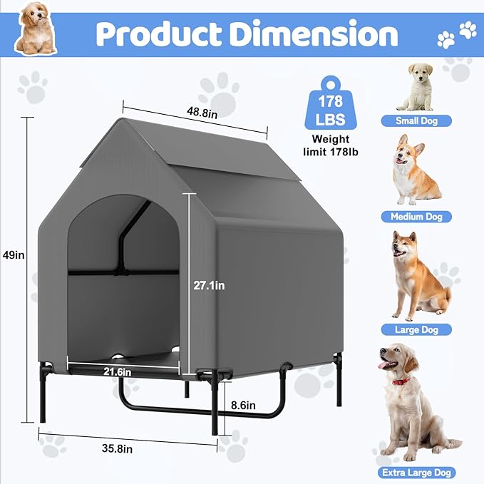 48” Extra Large Dog House-2-in-1 Extra Large Dog House with 8.5” Elevated Dog Bed-Weatherproof Waterproof Outdoor Dog House,Easy to Clean-PawvioPets