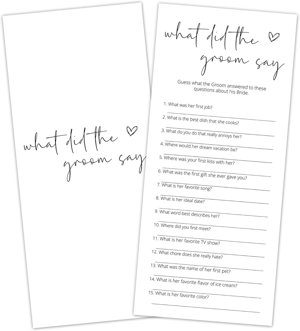 Bridal Shower Games, What Did The Groom Say, 25Pcs 4x9inch Minimalist White Double-Sided Bridal Game Cards, Wedding Shower Games for Guests, Engagement Bachelorette Party Supplies - A14