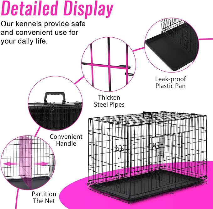 FDW Dog Crate for Large Dogs 48 Inch Folding Metal WirePet Cage Double Door W/Divider Panel Indoor Outdoor Kennel Leak-Proof Plastic Tray,Black-PawvioPets