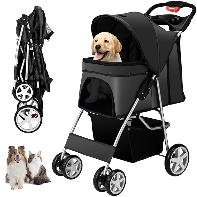 4 Wheels Pet Stroller for Small Medium Dogs Cats 10-33 lbs, Foldable Dog and Cat Stroller with Cup Holder & Storage Basket & Breathable Mesh, Pet Strolling Cart for All-Season, Black-PawvioPets