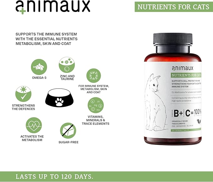 animaux – nutrients for Cats, All-Natural Cat Vitamins, Cat Essentials to Strengthen The Immune System & Natural Cell Protection, Healthy Skin & Shiny Coat, 120 Chewable Tablets, 120 Days Supply-PawvioPets