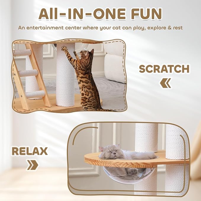 63'' Tall Modern Cat Tree for Indoor Cats, Luxury Cat Tree, Multi-Level Wood Climb Tower for Large Cat, Heavy Duty Kitty House with Transparent Bowl, Large Perches with Removable Cushion-PawvioPets