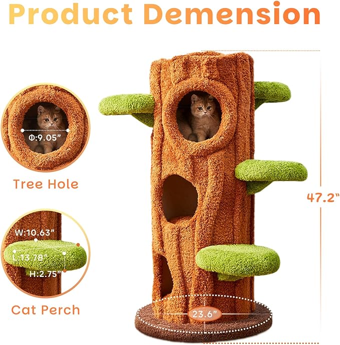 47.2'' Natural Wooden Cat Tree, Modern Cat Condo for Indoor Kitten, Multi-Level Cat Tower with Cat Perch and Scratching Pad for Multi-Cat Families-PawvioPets