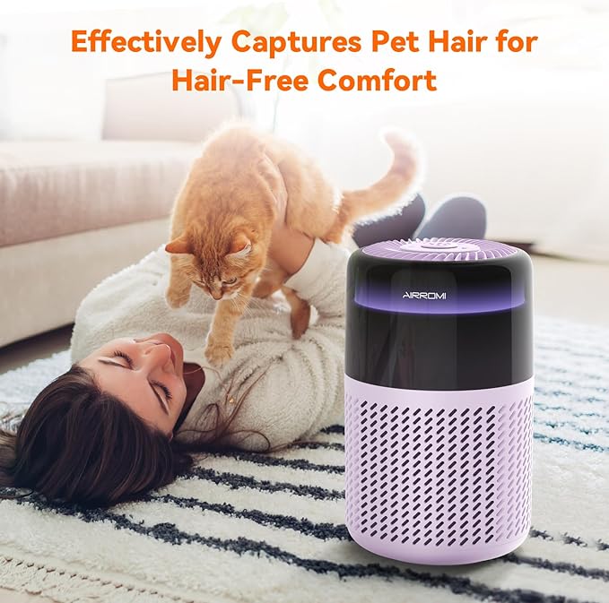 AIRROMI Air Purifier for Bedroom Home,HEPA Filter,Covers Upto 549 Ft²,Quiet 360°intake Air Cleaner with Fragrance ponge for Better Sleep,Night Light,Filters Smoke,Pet Dander,Allergies,Dust,A2005Purple-PawvioPets