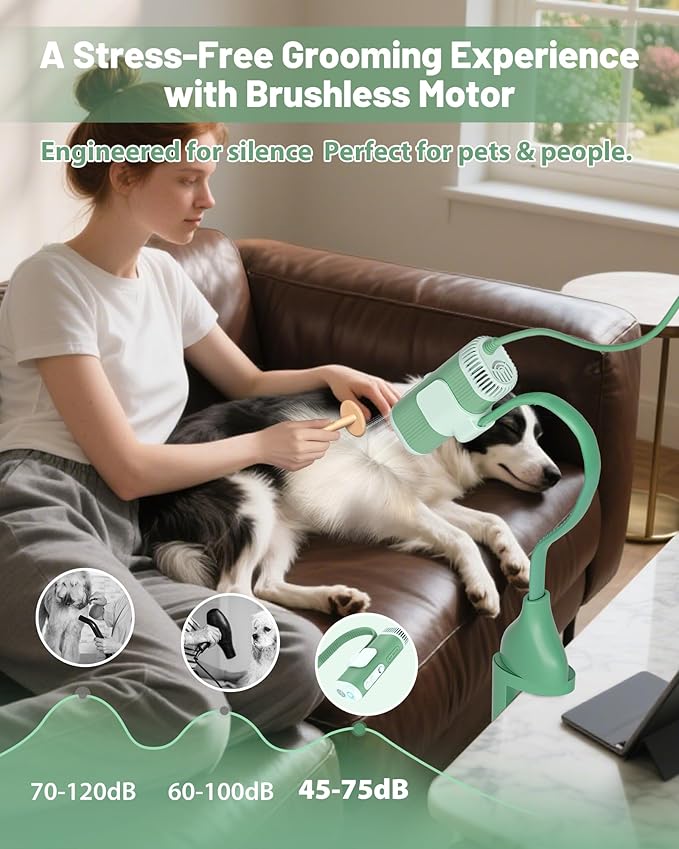 2-in-1 Hands-Free Dog Hair Dryer with Table Clamp – Low Noise Pet Grooming Dryer for Dogs & Cats, Adjustable Heat & Speed, Wearable or Desktop Use(Green)-PawvioPets