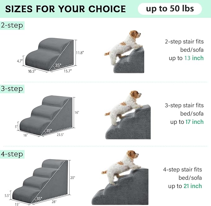 Dog Stairs & Steps for High Beds, 3 Steps High Density Foam Waterproof Dog Ramp for Small Dogs and Cats, Pet Stairs with Removable Washable Cover for Bed, Couch, Sofa and Car (H:16")-PawvioPets