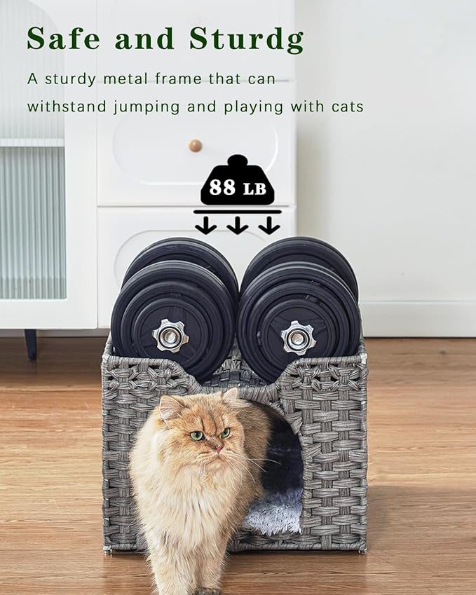 Cat Beds Indoor Kitten House, Handwoven Rattan Cat Cave Pet Cube, Large Cat Houses, One Bed Mat, Foldable, Hideaway, 16.5x16.5x13.2 Inches, 2 S-Shaped Hooks in Living Room Bedroom Gray-PawvioPets