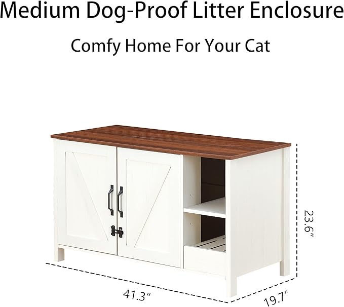 41.3'' Cat Litter Enclosure,Adjustable Shelf for Dog Proof and Storage,Locks Added for Cat, Litter Collector,Small Indoor Cat House,Antique White-PawvioPets