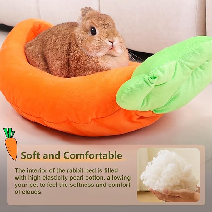 Bunny Bed,Thick&Soft Rabbit Bed with Removable Cushion,Machine Washable with Rattan Mat & Heart Decor,Cozy Warm Small Animal Sleeping Beds (Carrot Shape-M)-PawvioPets