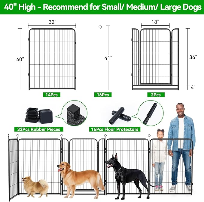 Dog Playpen Outdoor Extra Wide 16 Panels Heavy Duty Dog Fence 40" Height Anti-Rust with Doors Portable for RV Camping Yard, Total 42FT, 140 Sq.ft, Snowy Black-PawvioPets