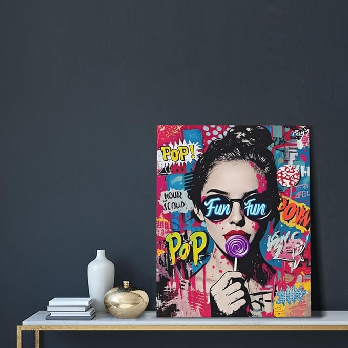 Fashion Women Wall Art Glam Modern Artwork for Girls Banksy Street Graffiti Pop Art Canvas Pictures Painting Print Framed Decorations Gifts for Bedroom Living Room Office 16"x20"-PawvioPets