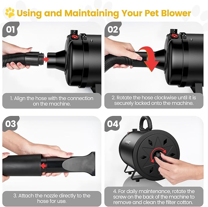 Dog Dryer, 5.2HP/3800W High Velocity Dog Hair Dryer with 4 Nozzles, Stepless Adjustable Speed & Temperature Control, Low Noise Professional Dog Grooming Dryer (Black)-PawvioPets