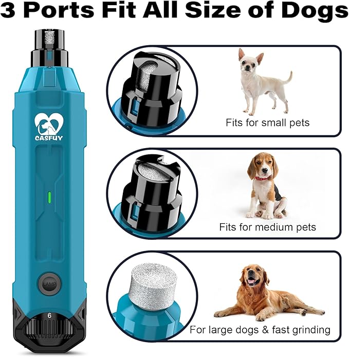 Casfuy 6-Speed Dog Nail Grinder - Newest Enhanced Pet Nail Grinder Super Quiet Rechargeable Electric Dog Nail Trimmer Painless Paws Grooming & Smoothing Tool for Large Medium Small Dogs (Bright Blue)-PawvioPets