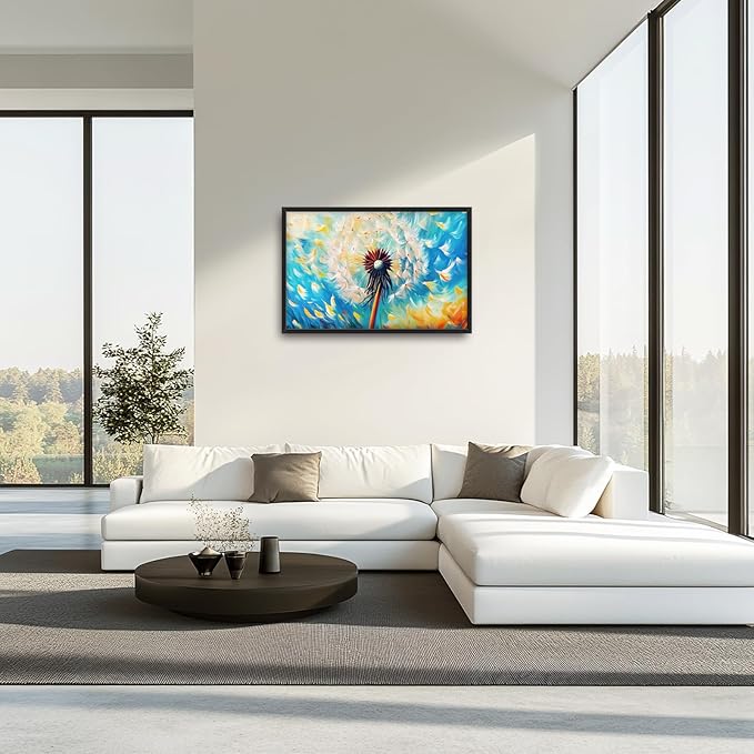 Extra Large Abstract Dandelion Framed Wall Art for Living Room,Oversized Colorful Dandelion Flower Pictures Wall Decor,Blue Canvas Print Painting Modern Artwork Bedroom Office Bathroom 36L" x 24W"-PawvioPets