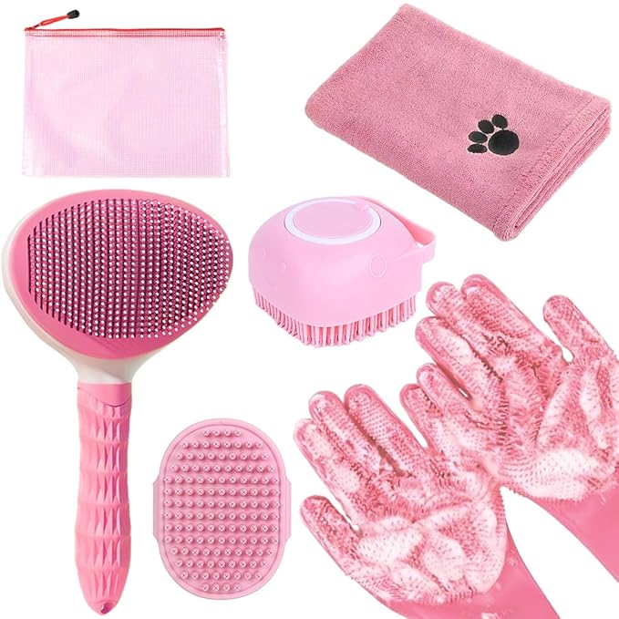 Bath Grooming Kit for Pets - Hair Brush Set with Towel, Washing Gloves, and Shampoo Scrubber Brush for Dogs and Cats (Pink)-PawvioPets