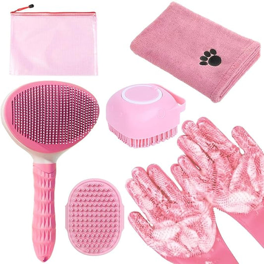 Bath Grooming Kit for Pets - Hair Brush Set with Towel, Washing Gloves, and Shampoo Scrubber Brush for Dogs and Cats (Pink)-PawvioPets