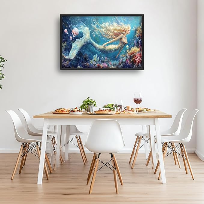 Extra Large Framed Mermaid Wall Art,Oversized Undersea Ocean Wall Decor,Colorful Coral Reefs Pictures for Living Room,Elegant Canvas Print Painting Modern Artwork Bedroom Bathroom 36L x 24W-PawvioPets