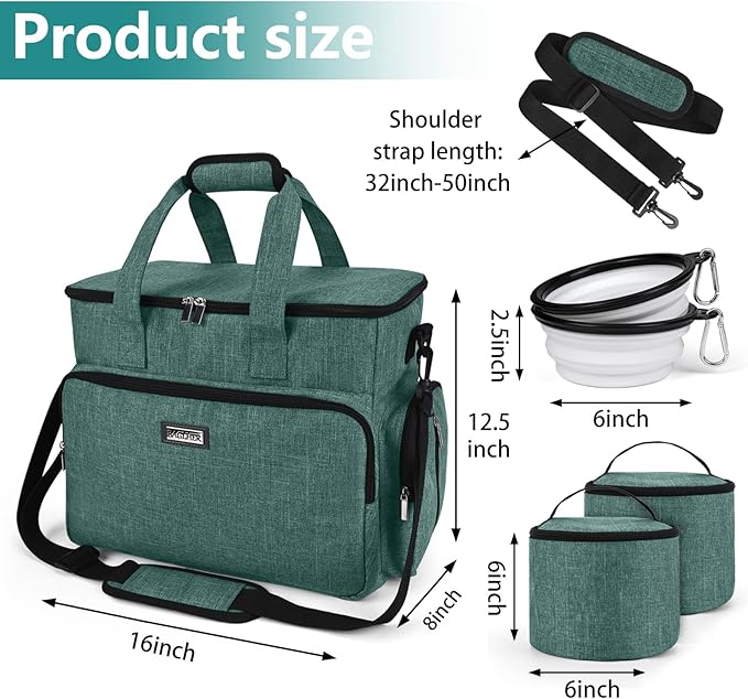 BAGLHER Dog Travel Bag, Airline Approved Pet Tote Organizer with Multi-Function Pockets, 2 X Food Storage Containers and 2 X Collapsible Dog Bowls, Perfect Weekend Pet Travel Set for Dog, Cat Green-PawvioPets