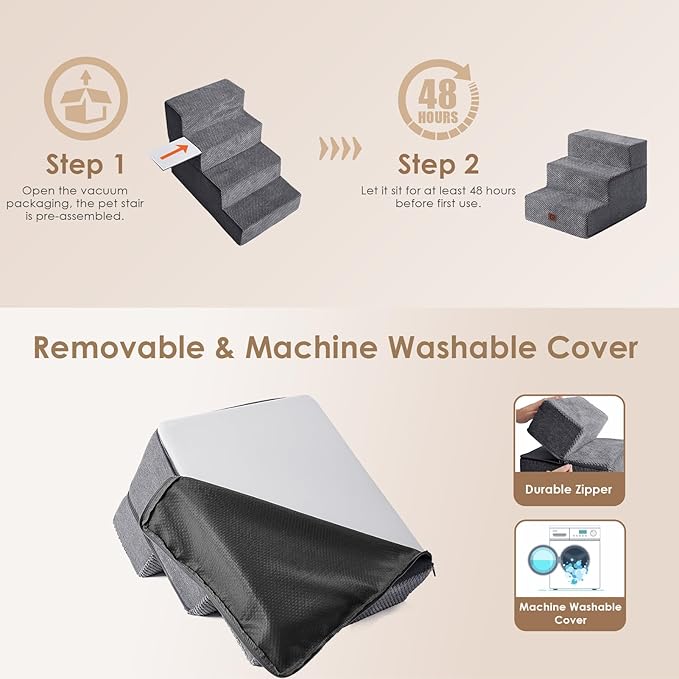 EHEYCIGA Dog Stairs for Small Dogs 13.5" H, 3-Step Dog Steps for Couch Sofa and Chair, Pet Steps for Medium Cats, Non-Slip Balanced Pet Ramp Indoor, Grey-PawvioPets