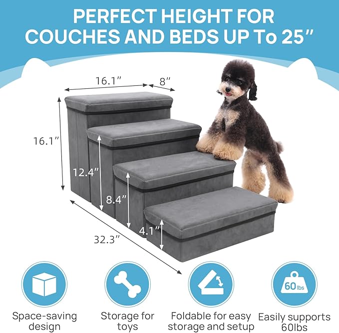 Foldable Dog Stairs 4 Tier Pet Steps, for Small Medium Dogs Pet Steps Storage Stepper for High Beds Sofa (4 Step)-PawvioPets
