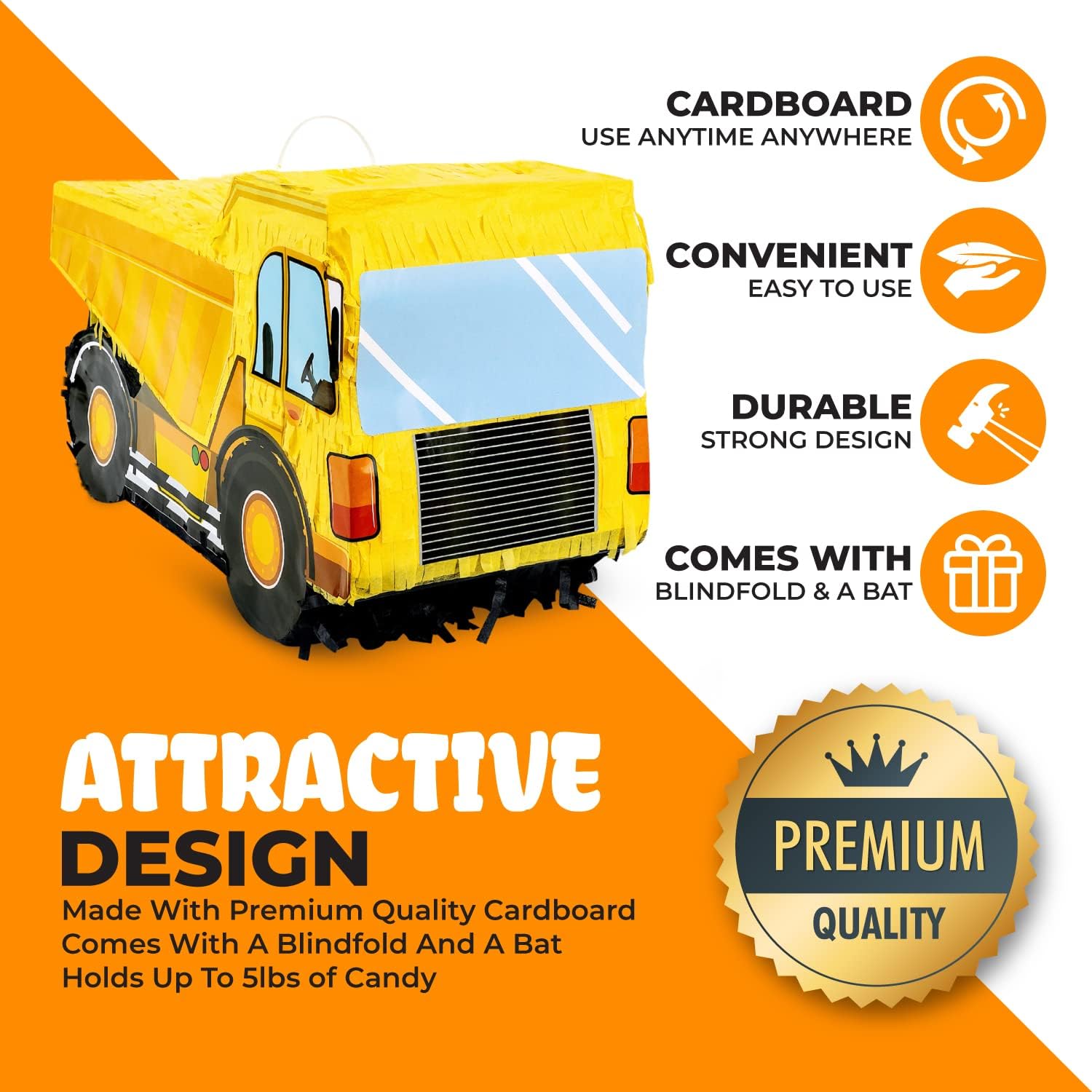 Small Dump Truck Pinata Bundle with a Blindfold and Bat(16 x 9 x 6.5 Inches), Kids Excavator Pinata for Construction Birthday Parties, Boys Birthday Party Supplies