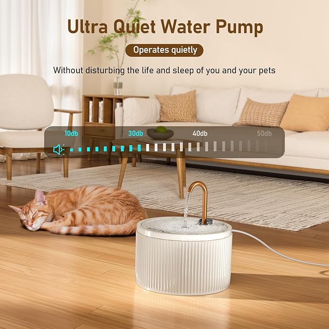 DOOOB Ceramic Cat Water Fountain, 2.1L/71oz Ceramic Cat Fountains, Automatic Pet Water Fountain for Cats, Pet Water Fountain with Ultra-Quiet Pump and 3 Filters & 3 Sponges (Beige)-PawvioPets