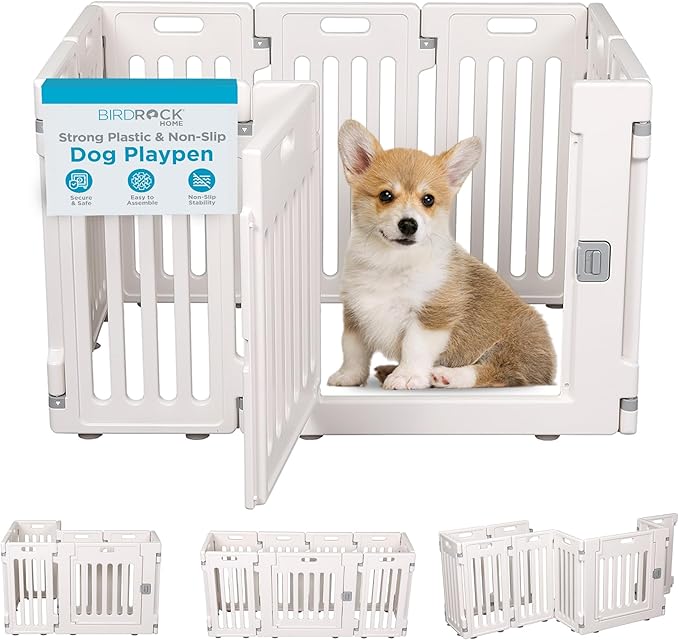 BIRDROCK HOME Dog Playpen w/Door, 8 Panel, 25.6in H | Strong Plastic, Non-Slip Puppy Playpen, Secure Pet Gate | Indoor Outdoor Fence | Configurable Panels | Small Pets - White-PawvioPets