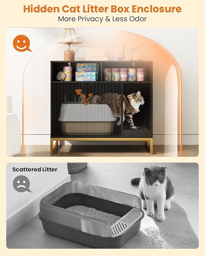 Cat Litter Box Enclosure, Large Hidden Pet Storage Cabinet Furniture with Waveform Fluted Doors & Scratching Pad, Modern Wooden Cat House Indoor for Washroom, Living Room, Bedroom, Black-PawvioPets