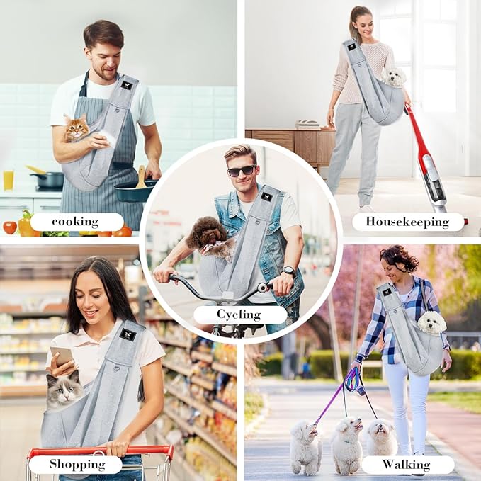 Dog & Cat Carrier Sling, Adjustable Soft Padded Shoulder Puppy Carrier, Hands-Free Dog Carrier Bag with Double Safety Buckles Premium Material for Outdoor Travel (Light Gray, M)-PawvioPets