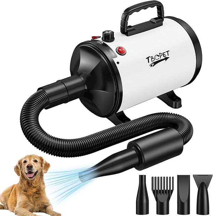 Dog Dryer High Velocity Dog Hair Dryer with 4 Nozzles 5.2HP/3800W (Professional Super Cyclone), Stepless Adjustable Speed Temperature Dogs Grooming Blow Dryer with Heater for Pets Hair Dryer, White-PawvioPets
