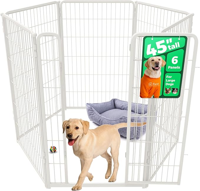 FXW Homeplus Unleashed Indoor Dog Playpen - Stress-Free and Safe Play, Heavy Duty 45 Inch 6 Wire Panels Dog Pen for Large Dogs, White│Patented-PawvioPets