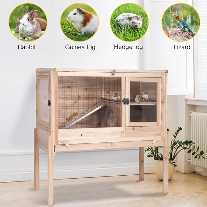 Aivituvin Wooden Guinea Pig Cages Indoor with Removable Stand, Anti Chewing Rabbit Hutch with Ramp and Wire Mesh, 2 Story Small Animals House Habitat with Pull Out Tray (Light Natural Wood)-PawvioPets
