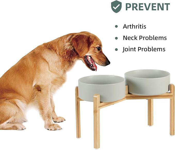 Ceramic Raised Double Bowls Set with Stand, Food & Water Bowls for Large Breed Dogs, Weighted Dog Dishes, Pet Bowl(8.2'',60OZ, Grey)-PawvioPets