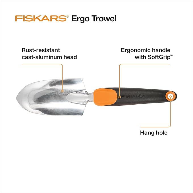 Fiskars Ergo Garden Trowel for Digging and Planting, Heavy Duty Gardening Hand Tool with Hanging Hole-PawvioPets