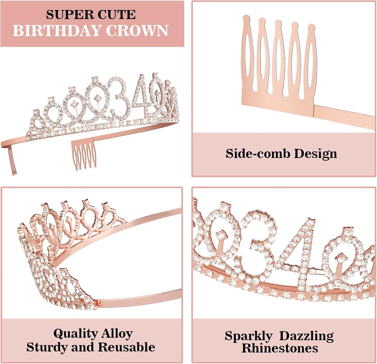 34th Birthday Decorations for Women Including Birthday Sash, Tiara/Crown, Numeral Candles and Cake Topper, 34 Year Old Gifts for Women, Rose Gold Party Decor Supplies