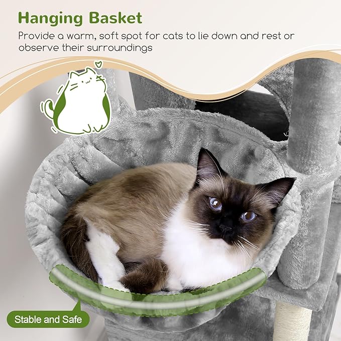 Globlazer Cat Tree Tower, 76-Inch Extra Tall Multi-Level Cat Furniture with Cozy Condos, Hammock and Perches for Adult Cats, Perfect for Climbing, Scratching, and Play, F76, Light Grey-PawvioPets