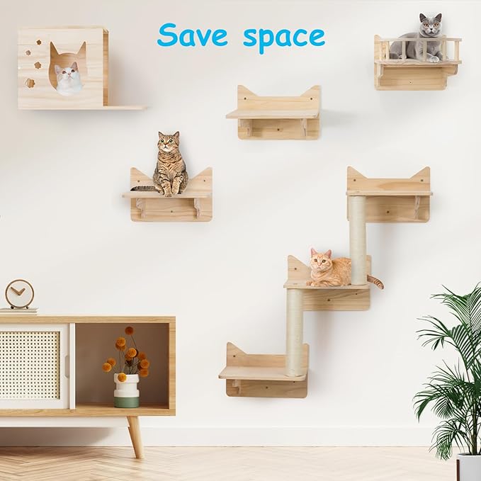9-Piece Wall-Mounted Cat Shelves Set, House, Lookout Tower, 2 Sisal Scratching Posts, 5-Step Cat Wall Ladder, Pine Furniture, Extra-Wide & Long for Large Cats, Space-Saving Indoor Shelves-PawvioPets