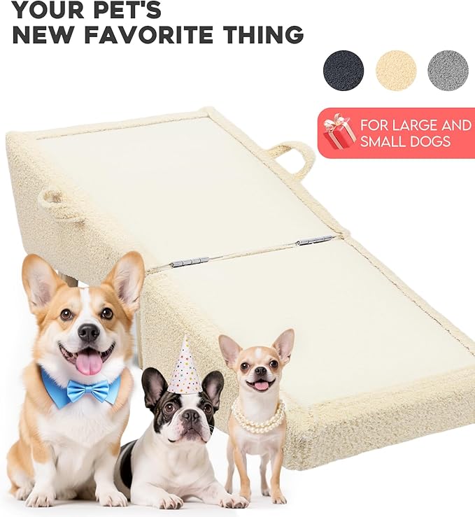 Dog Stairs for Small Dogs and Cats – 2-in-1 Dog Ramp for Bed and Couch, 16.5'' Foldable Wooden Pet Steps, Sturdy Multi-Use Split Ottoman Design, Beige-PawvioPets