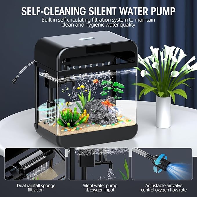 Fish Tank Aquarium 2.2 Gallon with Adjustable 3 Colors Lighting 3 in 1 Pump with Filteration, Oxygenation, Water Circulation Triple Function, HD Float Glass, Leak-Proof Thickened Base-PawvioPets