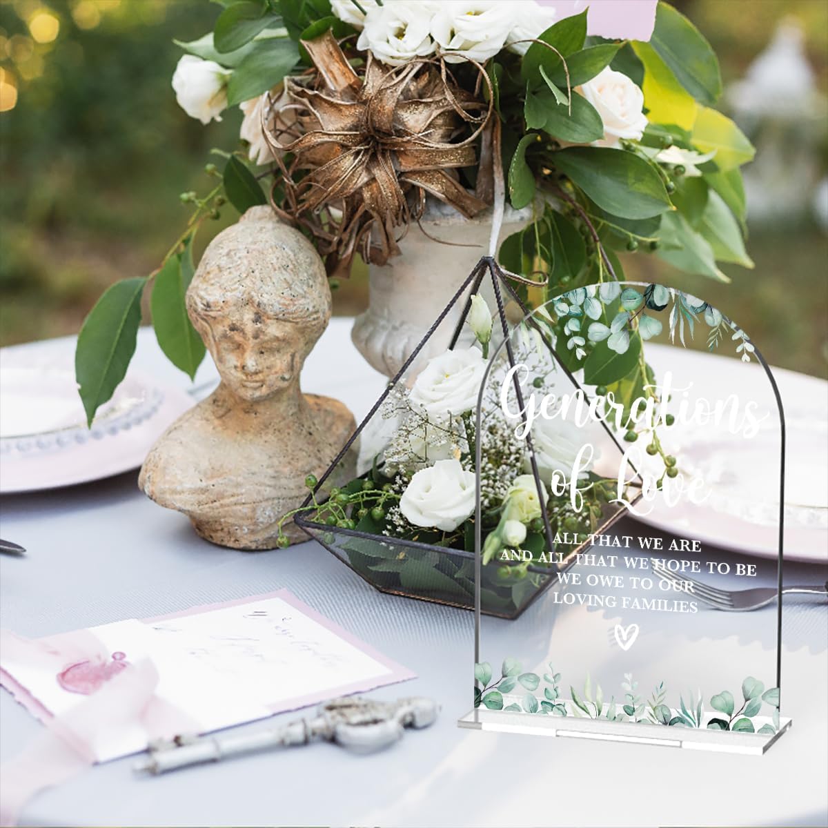 Acrylic Wedding Sign Generations of Love Signs for Ceremony Modern Calligraphy Arch Acrylic Table Top Signs for Wedding Reception and Event Party Table Decor (Eucalyptus Leaves)