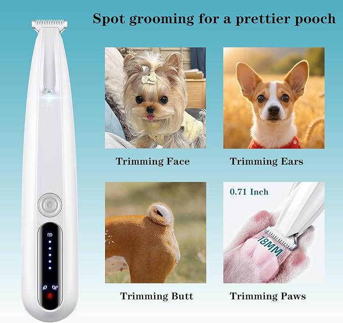 2 Mode Paw Trimmer for Dogs & Cats - Electric Quiet Dog & Cat Grooming Trimmer, Rechargeable Clipper with LED Light, 2 Blades, Waterproof for Paws/Ears/Face-PawvioPets
