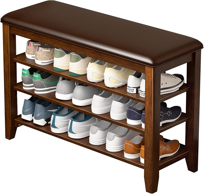 Entryway Shoe Storage Bench with Leather Cushion, Shoe Organizer Bench for Entryway, Ideal for Hallways Front Doors Entrances Mudrooms Featuring Rubberwood And 3 Height-Adjustable and Removable Shelve-PawvioPets