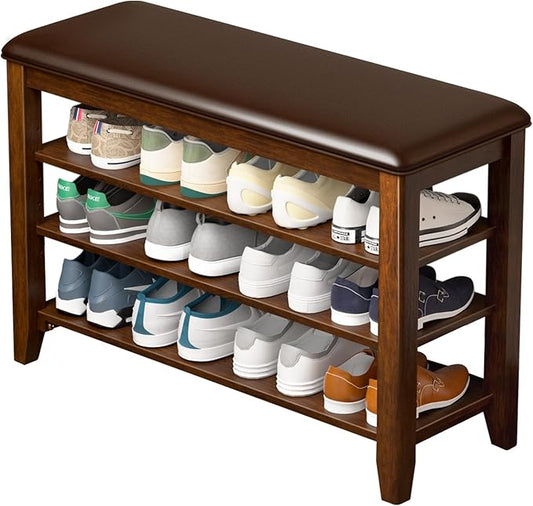 Entryway Shoe Storage Bench with Leather Cushion, Shoe Organizer Bench for Entryway, Ideal for Hallways Front Doors Entrances Mudrooms Featuring Rubberwood And 3 Height-Adjustable and Removable Shelve-PawvioPets