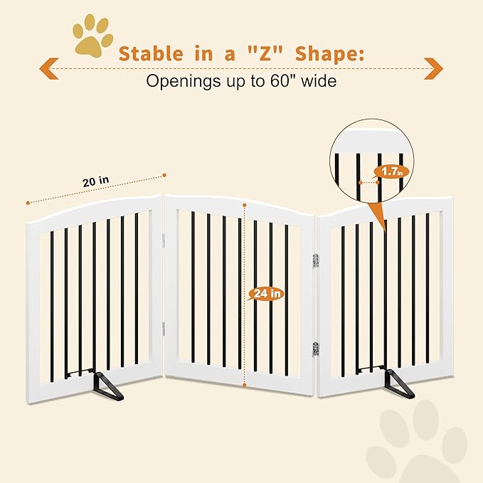 Freestanding Wooden Pet Gate for House, Foldable Indoor Dog Gate for Doorways, Stairs - 24" Height, 3 Panels, White-PawvioPets