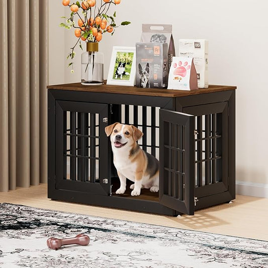 38" Heavy Duty Dog Crate Furniture for Small,Medium and Large Dogs,Rustic Wooden Dog Cage Kennel Indoor Furniture with Waterproof Top,Decorative Pet House Side End Table (Black & Wood)-PawvioPets